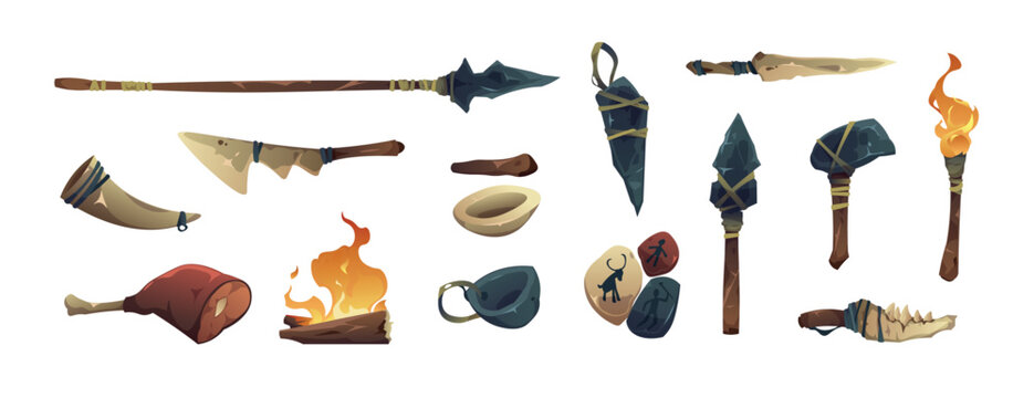 Primitive tools. Ancient stone knife and sharp barbarian rock stick, prehistoric flat weapon and tool icons. Age, civilization and evolution symbols vector set