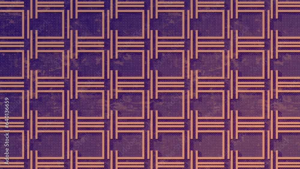 Poster Abstract composition of moving geometric shapes in orange color on purple background. Creative concept. Digital seamless loop animation. 3d rendering. 4K, Ultra HD resolution