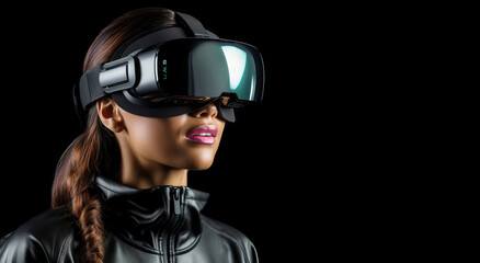 Girl in a virtual reality headset on a black background. Copy space. Banner.