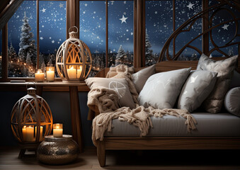 Christmas night scene, windows, pillow, stars moon snowflakes
