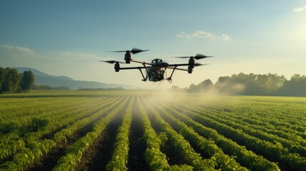 drone spraying crops in agricultural setting with blue sky - obrazy, fototapety, plakaty
