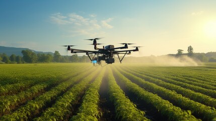 Fototapeta na wymiar drone spraying crops in agricultural setting with blue sky
