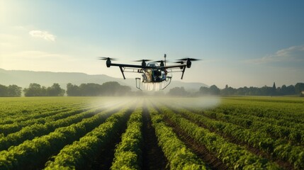 drone spraying crops in agricultural setting with blue sky - obrazy, fototapety, plakaty