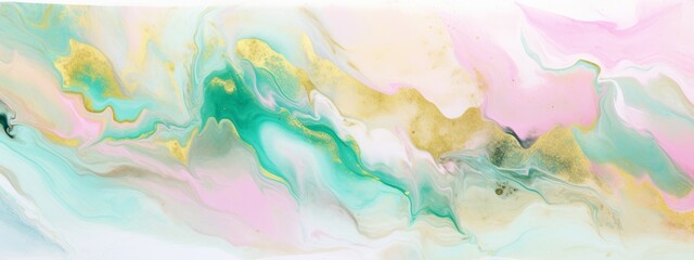 Abstract watercolor paint background illustration - Pink green color and golden lines, with liquid fluid marbled swirl waves texture banner texture