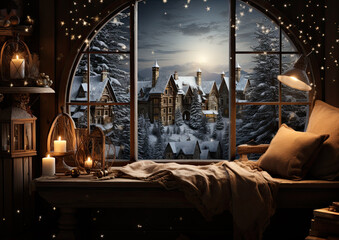 Christmas night scene, windows, pillow, stars moon snowflakes
