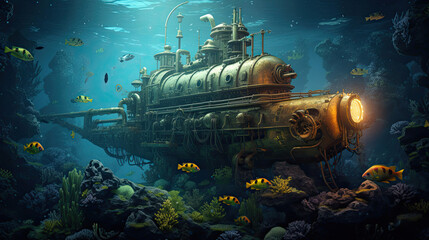 Underwater steampunk submarine adventure - obrazy, fototapety, plakaty