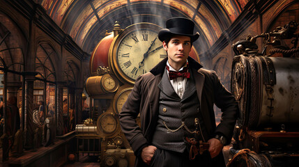 Fototapeta na wymiar Time-traveling explorer in a Victorian setting
