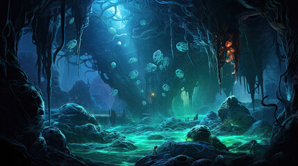 Obraz premium Bioluminescent creatures in an underwater cave