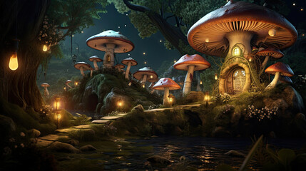 Enchanted village hidden within giant mushrooms