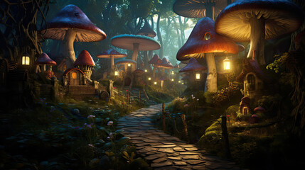 Enchanted village hidden within giant mushrooms