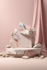 Podium for product presentation with stones on pink background. 3d rendering