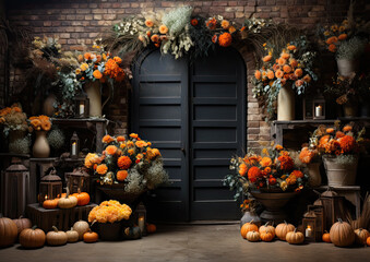 Halloween scene, Fall Thanksgiving, Vintage Brick Wall, Wooden Door