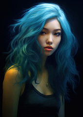 Fototapeta premium Asian young woman with long flowing blue hairs. Stunning portrait generated by Ai