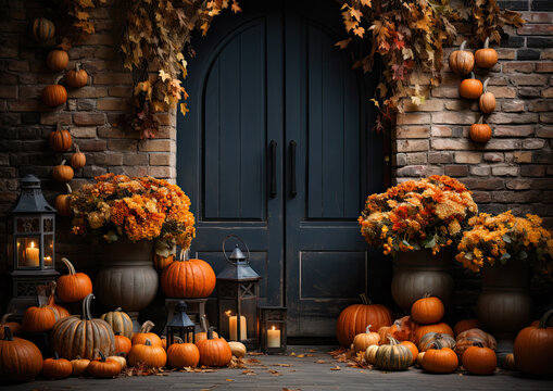 Halloween scene, Fall Thanksgiving, Vintage Brick Wall, Wooden Door