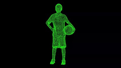 3D Basketball player with ball on black. Willingness to fight with difficulties. Competition concept. Basketball training session for youth. For title, text, presentation. 3d animation.