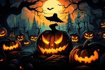 Fototapeta premium Halloween costumes and pumpkin on background. Generative AI.