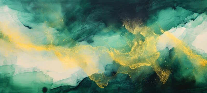 Abstract watercolor paint background illustration - Dark green color and golden lines, with liquid fluid marbled swirl waves texture banner texture