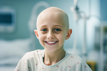 A brave young boy fighting cancer in a hospital room