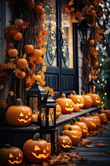 halloween porch decorated with halloween pumpkins and other decorations