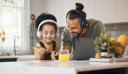 Elearning, dad and child in home with headphones, laptop and homework for online class. Computer, father and boy working together for virtual school, help with writing and kids education in kitchen.