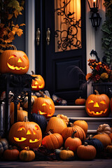 Obraz premium halloween porch decorated with halloween pumpkins and other decorations