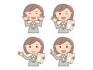 書類を持つスーツ女性がポイントを説明する_挨拶する_女性会社員イラストの4ポーズセット