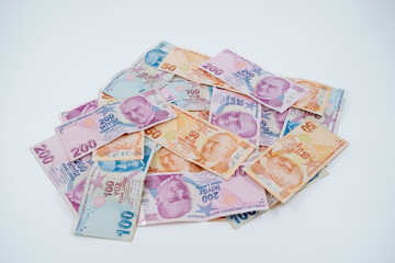 50, 100, 200 Turkish Lira banknotes isolated on white background.