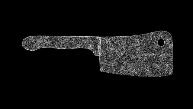 3D Butcher knife on black bg. Meat chopper. Kitchen knife for meat. Slaughterhouse, meat industry. For title, text, presentation. Business advertising backdrop. 3d animation.