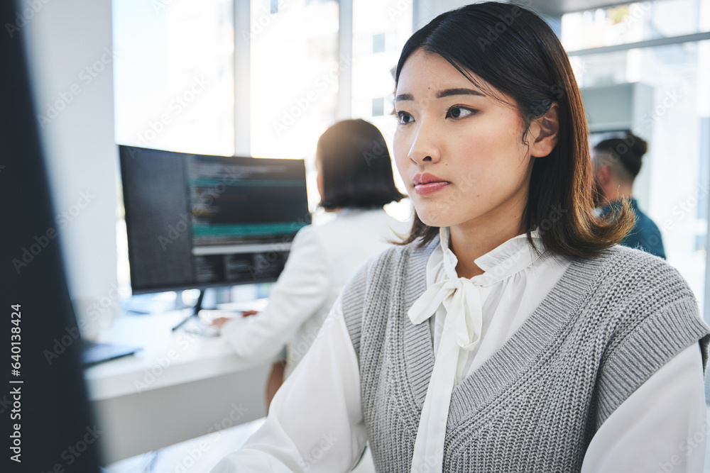 Aufkleber Programming, developer and computer with business woman in office for coding, software and information technology. Database, website and research with Asian person in it startup for digital and code