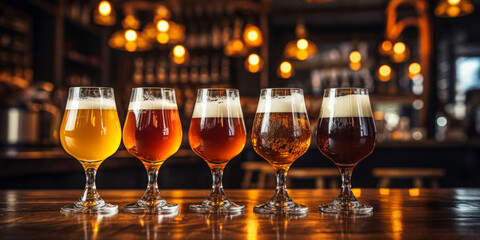 Tap Beer in Pint Glasses Arranged in a Row, a Way to Show Off the Variety of Craft Beer