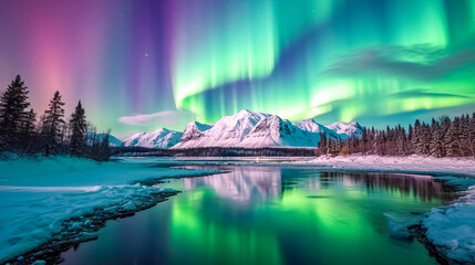 solar northern lights in the sky above mountain landscape with river