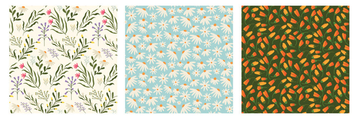 Wild flowers pattern. Seamless print of meadow flowers with leaves and stems, abstract botanical floral motif for fabric wallpaper. Vector texture © Tartila