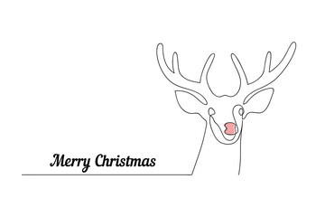 Christmas card with deer Rudolph drawn in one continuous line. One line drawing, minimalism. Vector illustration.