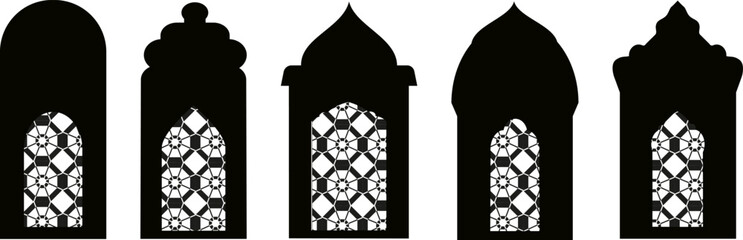 Set of black silhouettes of Islamic windows.Arab frame set.Ramadan kareem simbol icon.