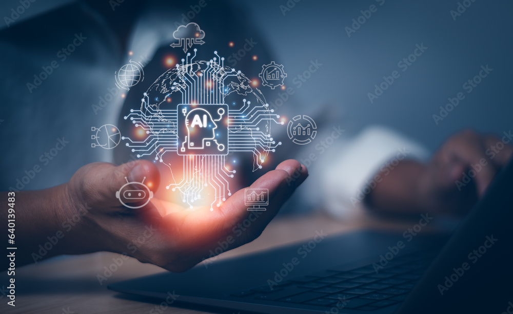 Poster man's hand showing ai technology artificial intelligence for working assistant , concept of intellig