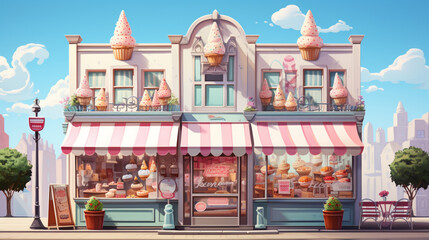 Ice cream shop building facade pink fantacy illustration.