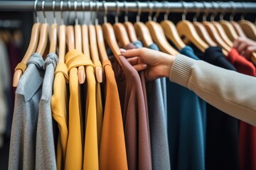 Close up of Female Hands Plucked Hanger Choosing Clothes in a Clothing Store Generative AI.