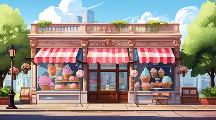 Ice cream and shop building facade fantacy illustration.