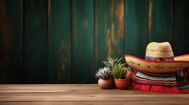 Cinco de Mayo holiday background with Mexican cactus and party sombrero hat on wooden table.