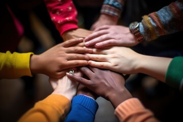 no room for racism A multiracial group hands in a circle. Created with Generative AI.