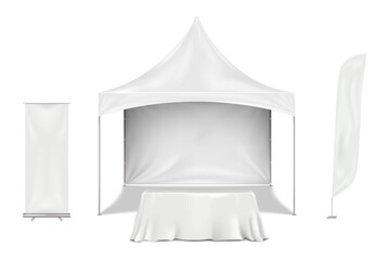 Exhibition set template. Blank white gazebo canopy tent, table covered with tablecloth, feather flag, roll-up retractable banner stand. Vector mock-up. Business trade show mockup kit