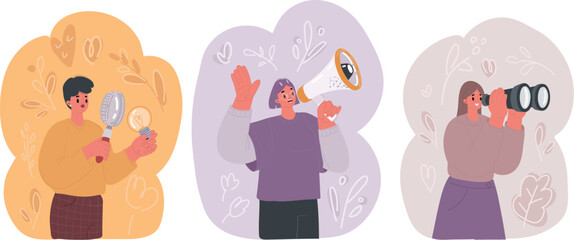 vector illustration of Woman female Characters Holding Big Lightbulb, Binocular, Magnifying Glass and Megaphone