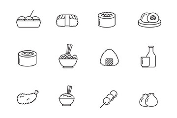 Set of Japanese food icons in line style isolated on white background. Simple Japanese foods vector