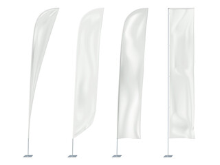 Wind event flags mockup. Blank white feather, blade, teardrop and rectangular shapes. Vector mock-up set. Vertical flag banner on metal pole template kit - 640140619