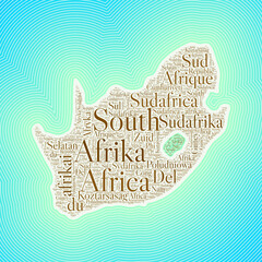 South Africa shape formed by country name in multiple languages. South Africa border on stylish striped gradient background. Vibrant poster. Astonishing vector illustration.