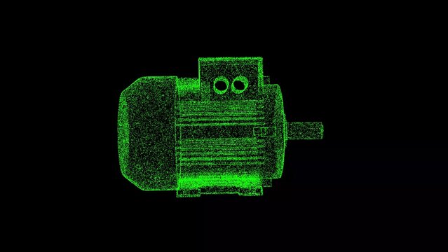 3D Electric motor on black background. 3 phase induction motor. Business Advertising backdrop. For title, text, presentation. Object dissolved flickering particles. 3d animation.