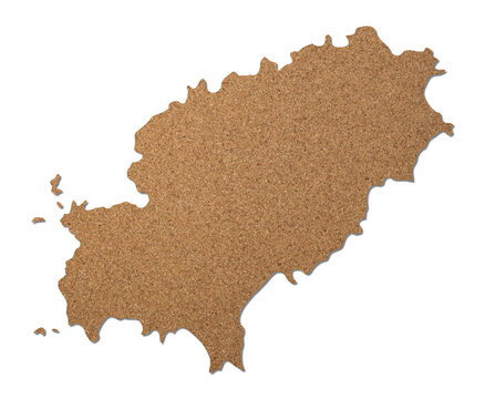 Ibiza island map cork wood texture cut out on white background.