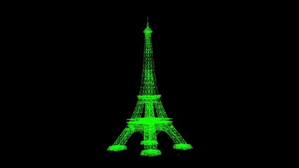 Fototapeta na wymiar 3D Eiffel Tower on black bg. Business advertising backdrop. For title, text, presentation. 3d animation.