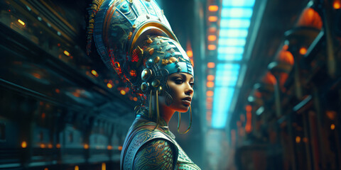 egyptian fantasy goddess with surreal headdress - obrazy, fototapety, plakaty