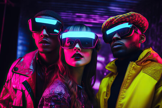 At a music festival, a diverse group of people in magenta clothing proudly wore sunglasses and goggles, radiating confidence and joy